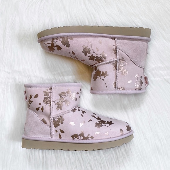 UGG Classic Mini Floral Foil Seashell Pink Boots - Picture 7 of 10